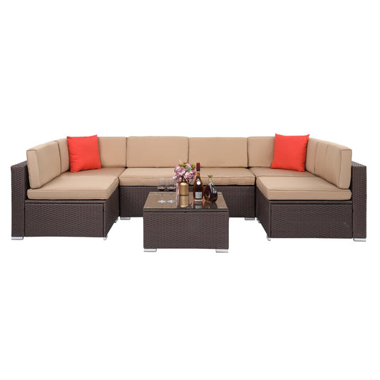 Clearance Patio Dining Set Seats 7-Piece, SEGMART Wicker Conversation Sofa Sets for Patio & Garden w/2 Corner Sofa, Tempered Glass Table, 4 Single Sofa, 12 Padded Cushions, 2 Pillows, White, S7169