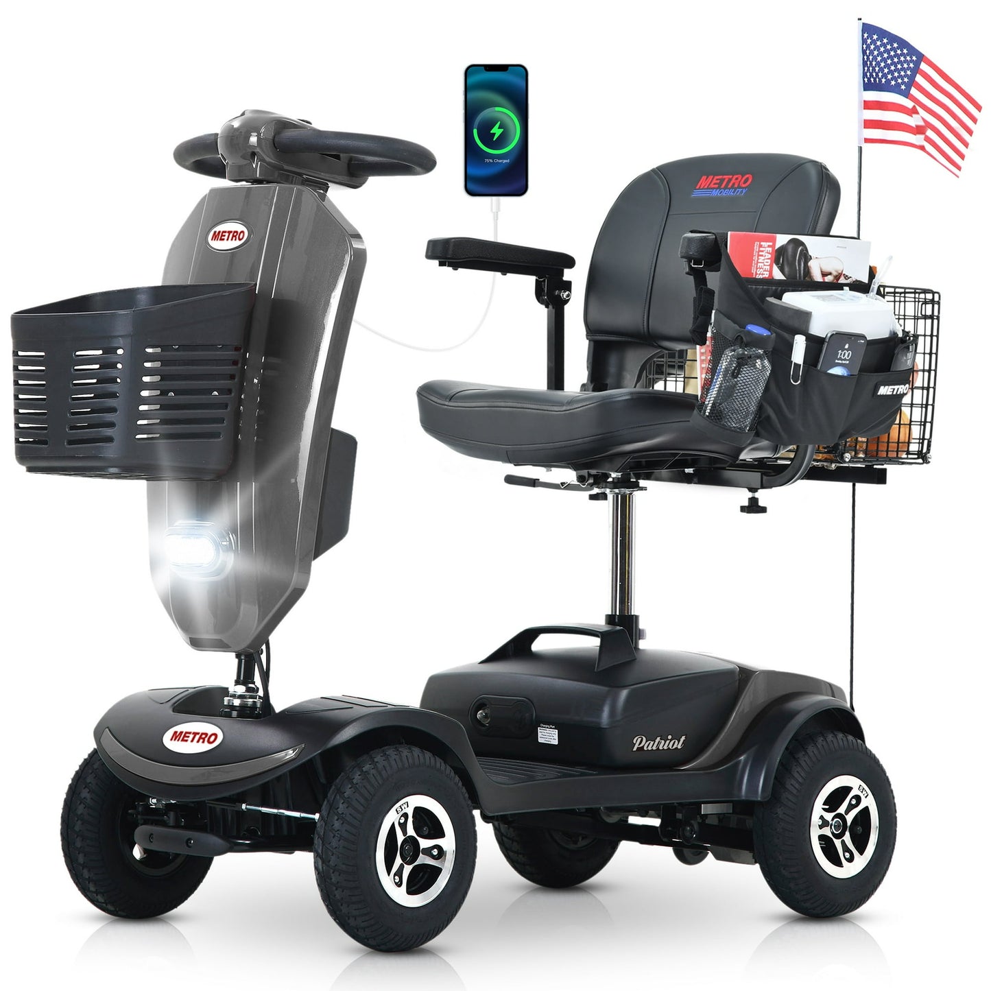 Outdoor Compact Mobility Scooter with Windshield, Extended Battery, USB Charger, Cup Holders & Storage Basket,300W Blue