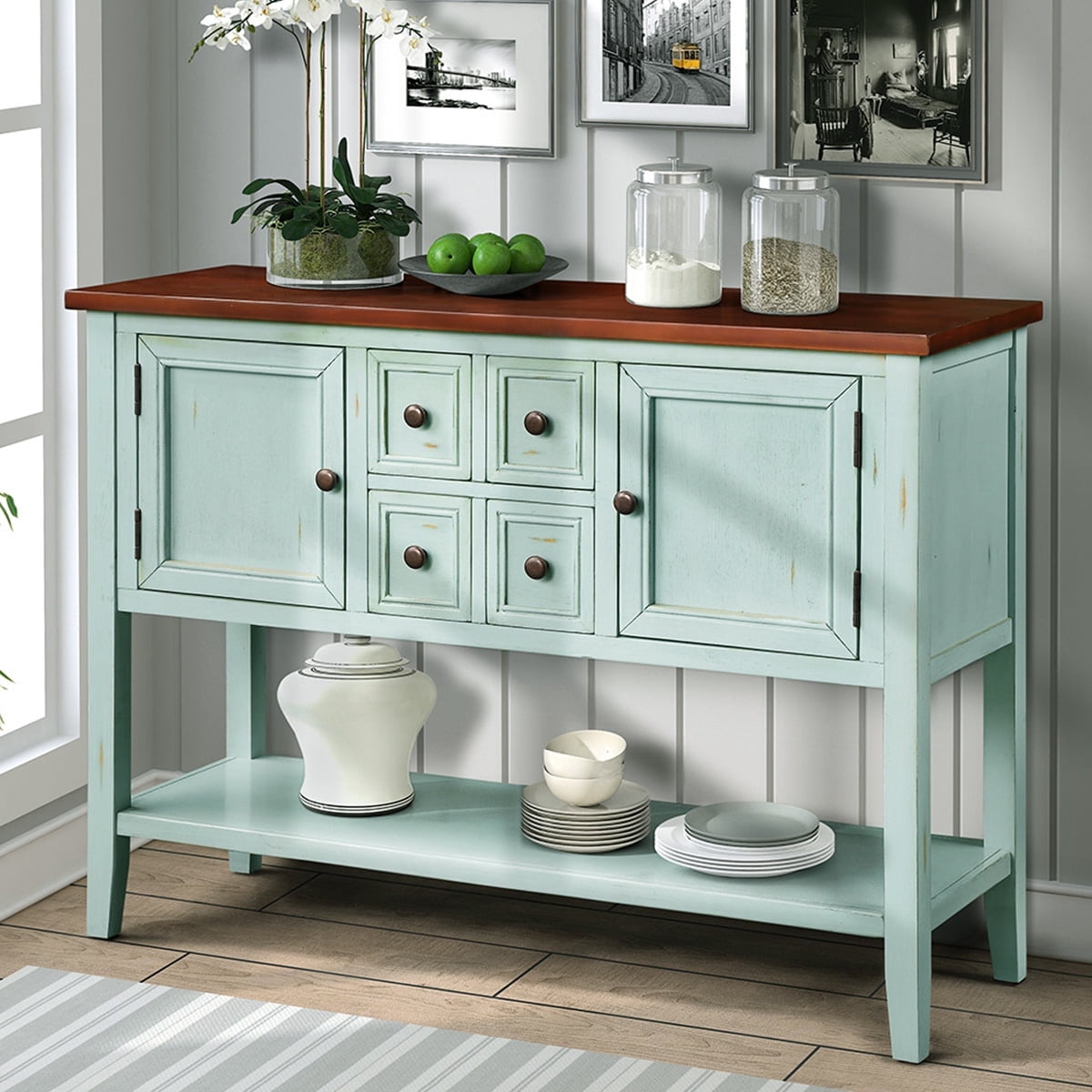 Console Table with 4 Storage Drawers,Storage Vintage Wood Buffet Sideboard Desk with 2 Cabinets and Bottom Shelf, Retro Entryway Table Cupboard for Living Room, Foyer, Hallway