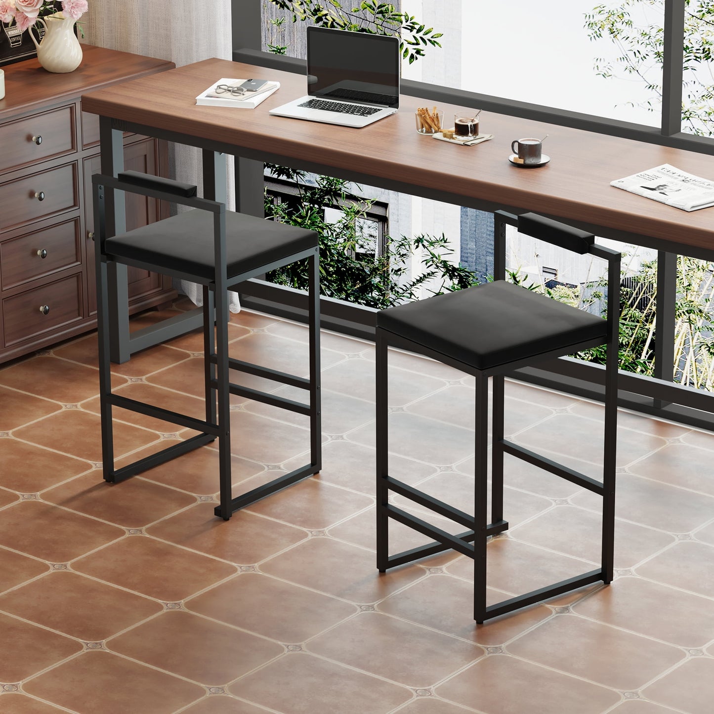 Set of 2 Bar Stools with Backrest & Footrest, Modern Velvet Counter Height Kitchen Island Stools, Gold Metal Frame & Gray Upholstered Dining Chairs for Home & Office