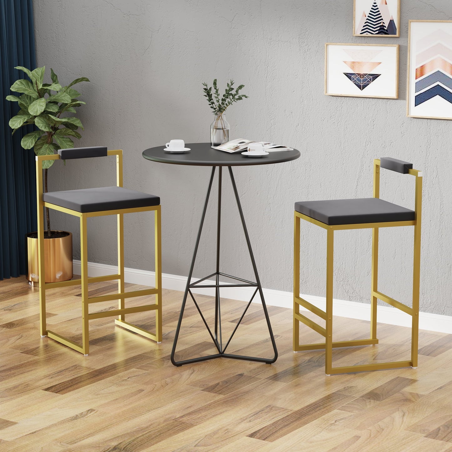 Set of 2 Bar Stools with Backrest & Footrest, Modern Velvet Counter Height Kitchen Island Stools, Gold Metal Frame & Gray Upholstered Dining Chairs for Home & Office