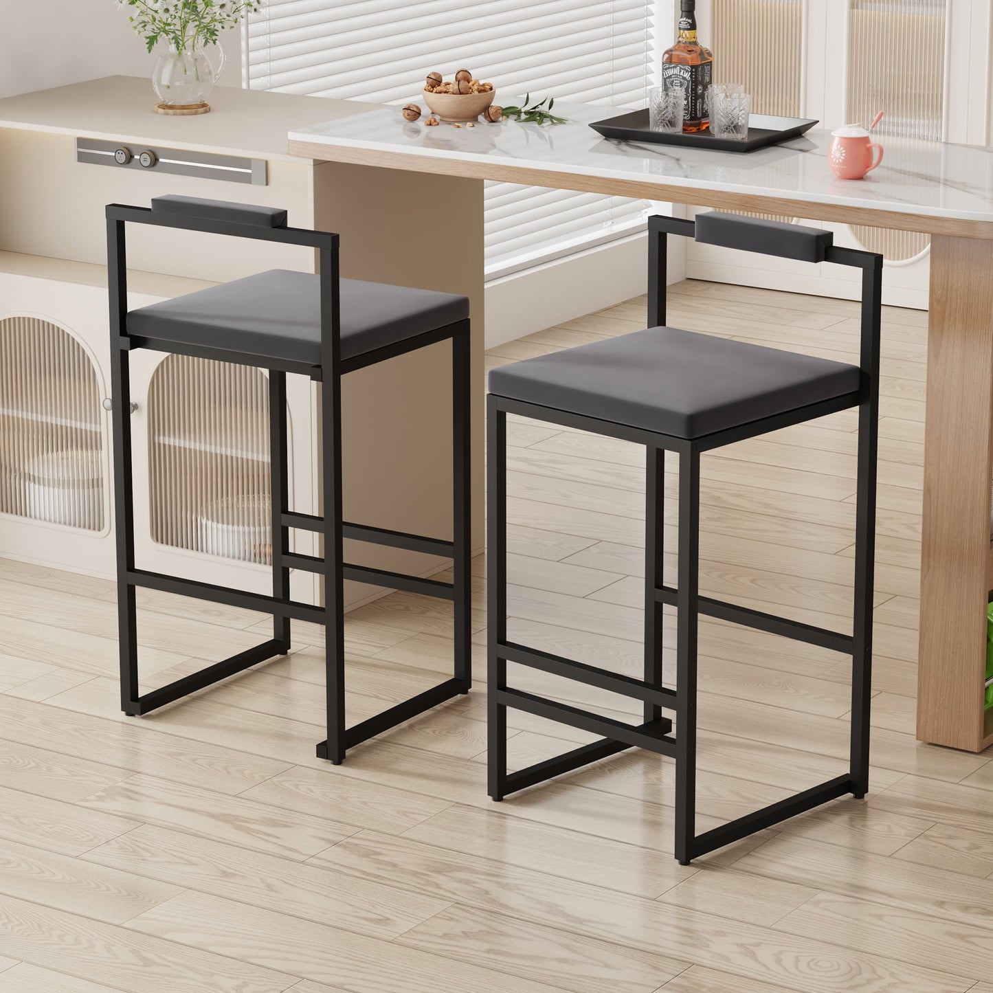 Set of 2 Bar Stools with Backrest & Footrest, Modern Velvet Counter Height Kitchen Island Stools, Gold Metal Frame & Gray Upholstered Dining Chairs for Home & Office