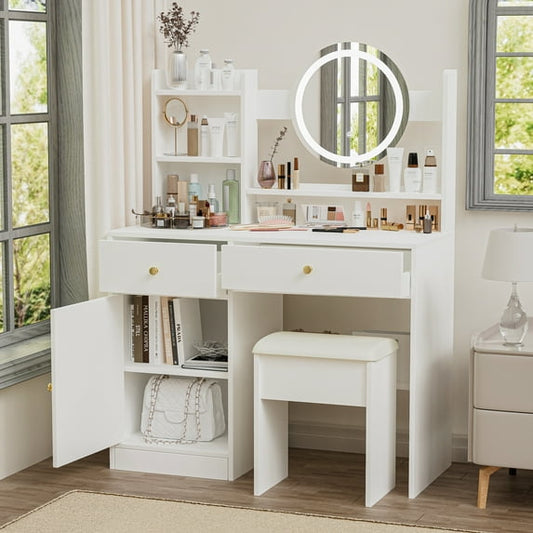 Desk for Makeup for Bedroom, 31.5" x 15.8" x 55.5"Makeup Vanity Sets with 360 Rotation Single Mirror, 5 Drawers & Cushioned Stool, Wood Make-Up Vanity Table and Stool Sets Teen Girls/Women, S13213