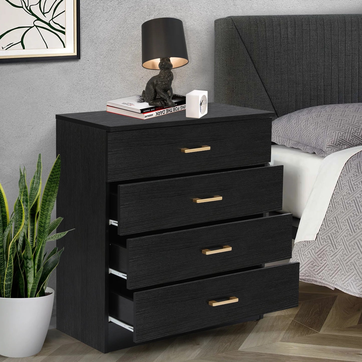 4 Drawer Dresser Black, Small Chests of Drawers Modern Nightstand, Storage Cabinet for Bedroom, Living Room, Home Office, Nursery, Closet, Entryway & Hallway Organizer