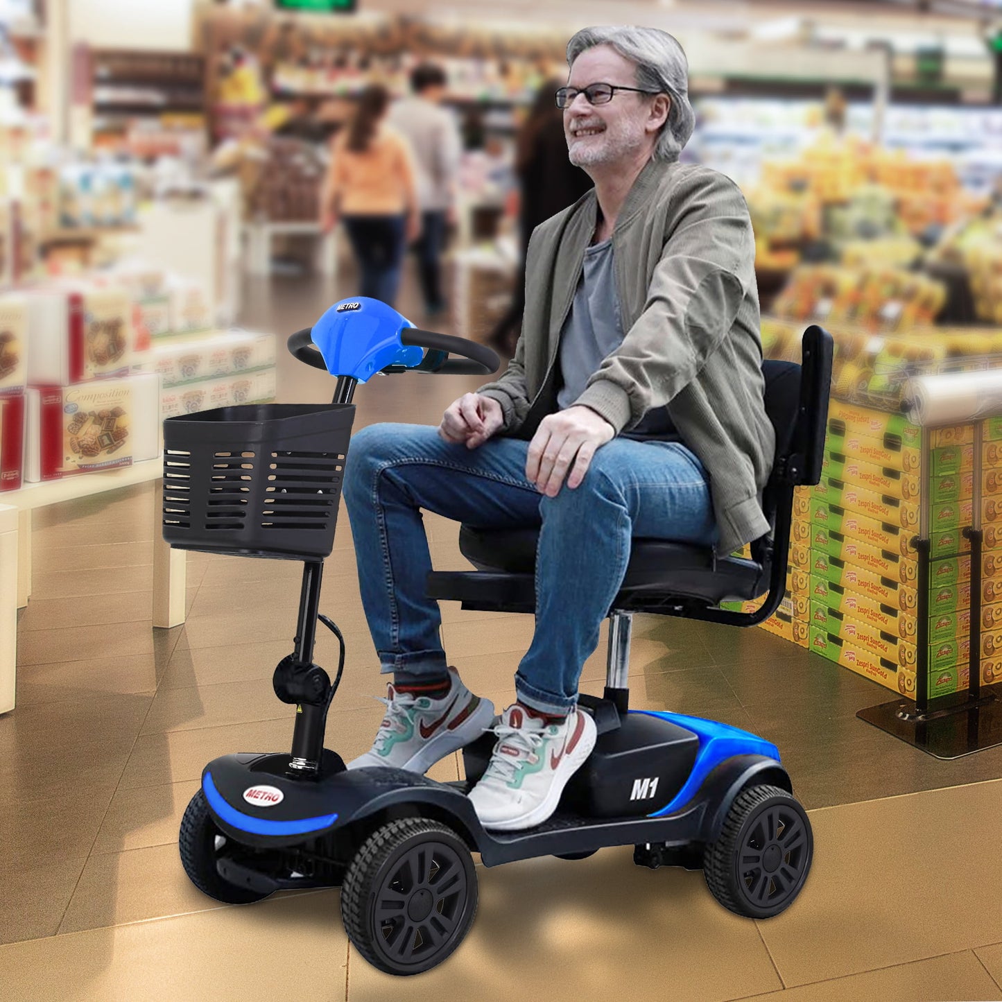 Electric Mobility Scooter, 4 Wheel Compact Mobility Scooter with Detachable Basket and Control Panel, Motorized Scooter with 360° Swivel Seat for Senior Adults, Max Speed 5Mph, 265lbs, SS579