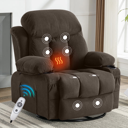 Swivel Rocker Recliner with Heat and Massage, Velvet Fabric 360° Swivel Rocker Recliner Chair with USB Charger & Cup Holders, Soft Padded Armrests for Living Room, Brown,330lbs