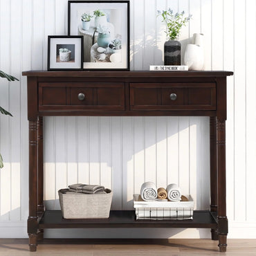 Vintage White 2 Drawer Storage Console Table, Entryway Table with Storage Shelves, Small Sofa Table for Living Room, Couch, Hallway, Foyer, Kitchen Counter