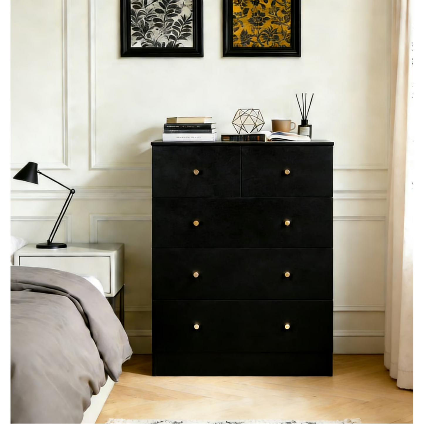 Enyopro 5 Drawer Dresser for Bedroom,Modern Black Wood Storage Cabinet with Large Organizer, Tall Chest of Drawers for Living Room, Kids Room & Hallway