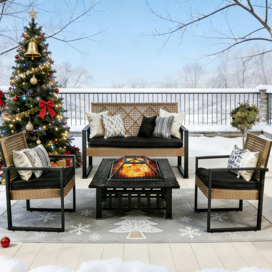 SESSLIFE 4-Piece Patio Furniture Set, Patio Dining Table and Chair Set With 32-inch Fire Pit, Outdoor Sofa Set With Cushions, For Porch, Patio, Garden, Poolside, Brown.