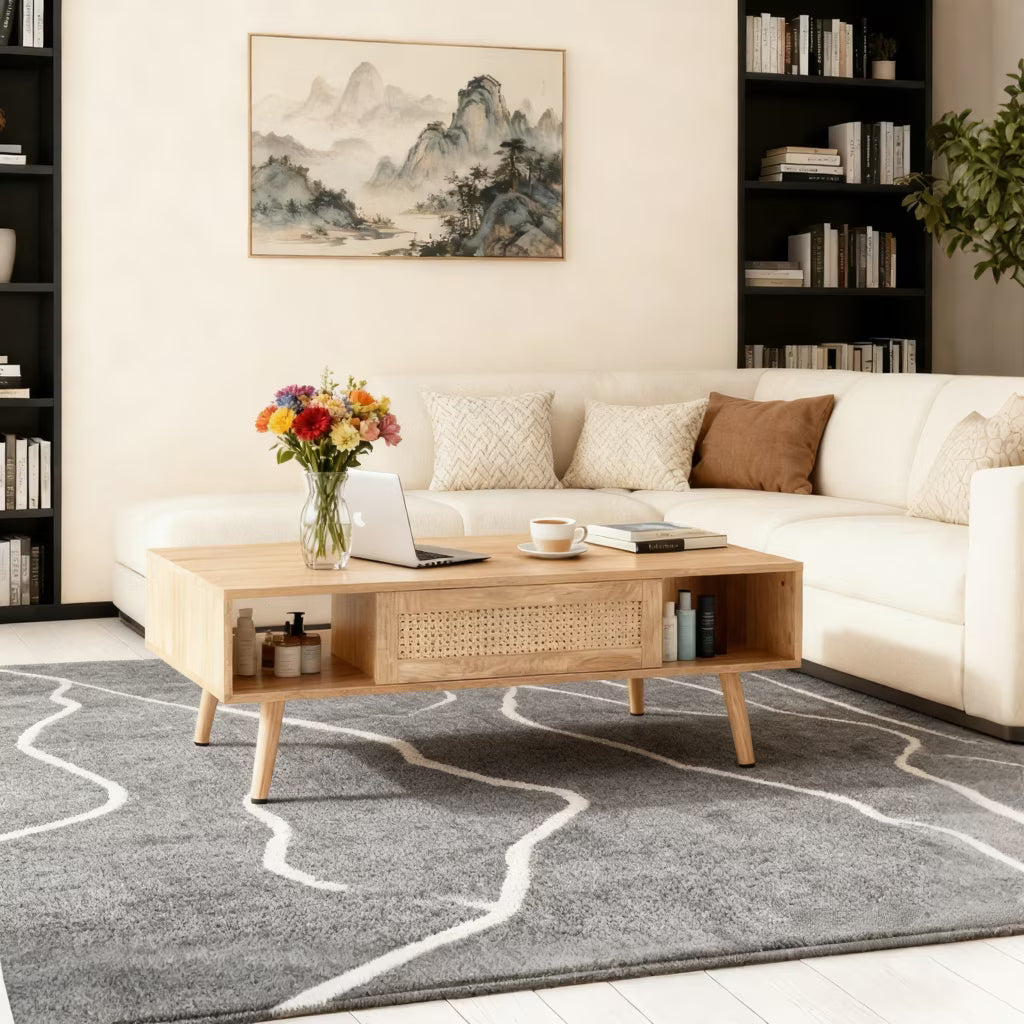 Enyopro wicker coffee table, wooden square coffee table, modern sofa side table, with storage and sliding doors, natural wood grain finish, for living room, bedroom, and apartment, Walnut .