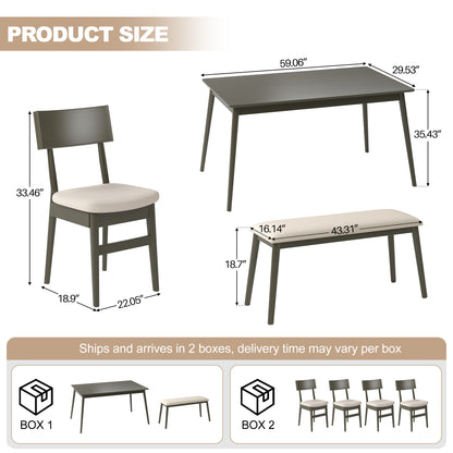 Kitchen Table and Chairs for 6, Rustic Style Dining Table Set, 6 PCS Wood Frame & MDF Surface Kitchen Furniture Set for Home Coffee Shop Apartment, Dining Chairs Seat with Bench