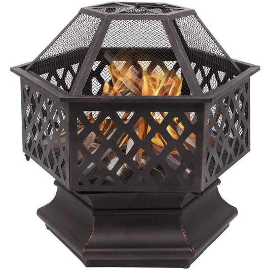 Fire Pit for Outside, Premium Hexagon-shaped Steel Fire Pit w/Mesh Screen Lid, Portable Outdoor Metal Fire Pit with Poker, Multifunctional Heater/Grill/Ice Pit for Patio Garden BBQ Grill, S7039