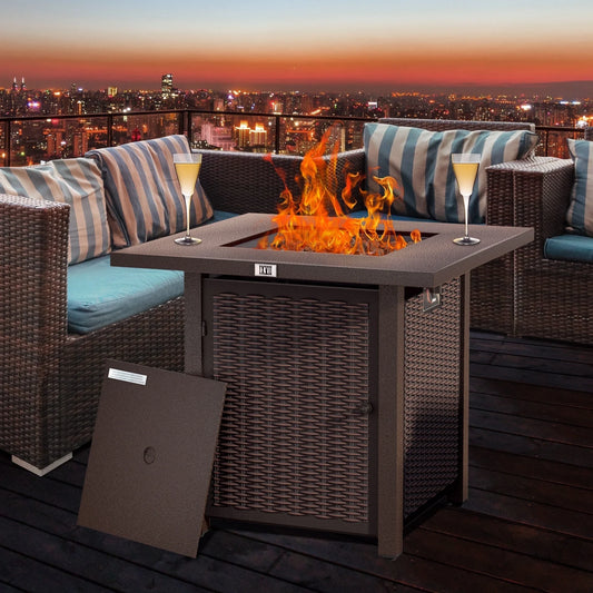 Fire Pit Table, SEGMART 28" Propane Fire Pit with Lid, Lava Rocks, 40000 BTU Outdoor Gas Fire Pit, Metal Square Propane Fire Pit for Outside Garden Backyard Deck Patio, Brown, LLL4008