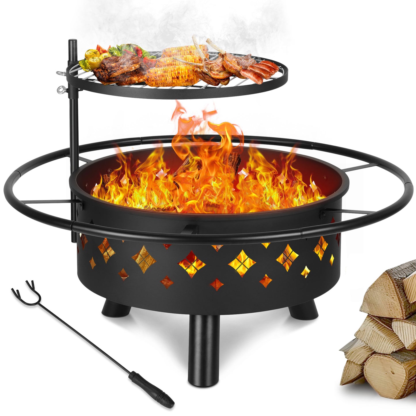 Segmart Fire Pit for Outside, 33'' Outdoor Wood Burning Fire Pit with Grill Grate, Large Round Cooking Firepit Bowl with Spark Screen, for Backyard Garden Patio Bonfire BBQ, Diamond Vents Decor, Black