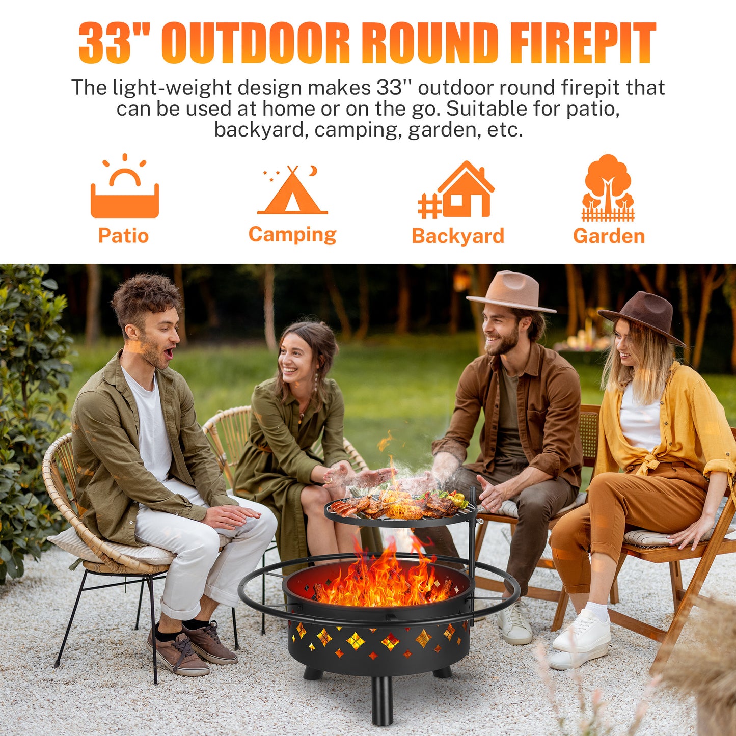 Segmart Fire Pit for Outside, 33'' Outdoor Wood Burning Fire Pit with Grill Grate, Large Round Cooking Firepit Bowl with Spark Screen, for Backyard Garden Patio Bonfire BBQ, Diamond Vents Decor, Black