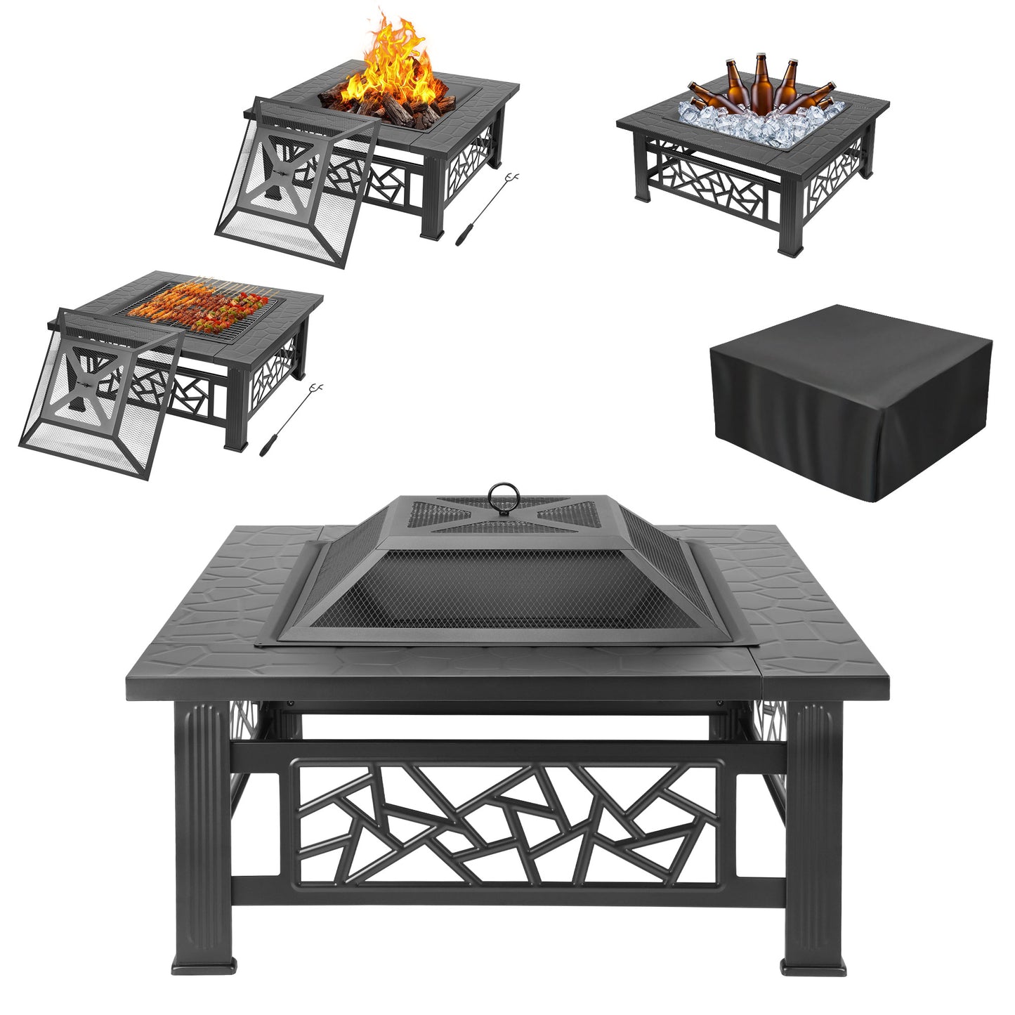 Fire Pit for Outside, Segmart Premium Square Metal Firepit w/Waterproof Cover, Food Clip, Mesh Screen Lid, Poker, Multifunctional Heater/Grill/Ice Pit for Backyard Patio Garden BBQ Grill, S7039