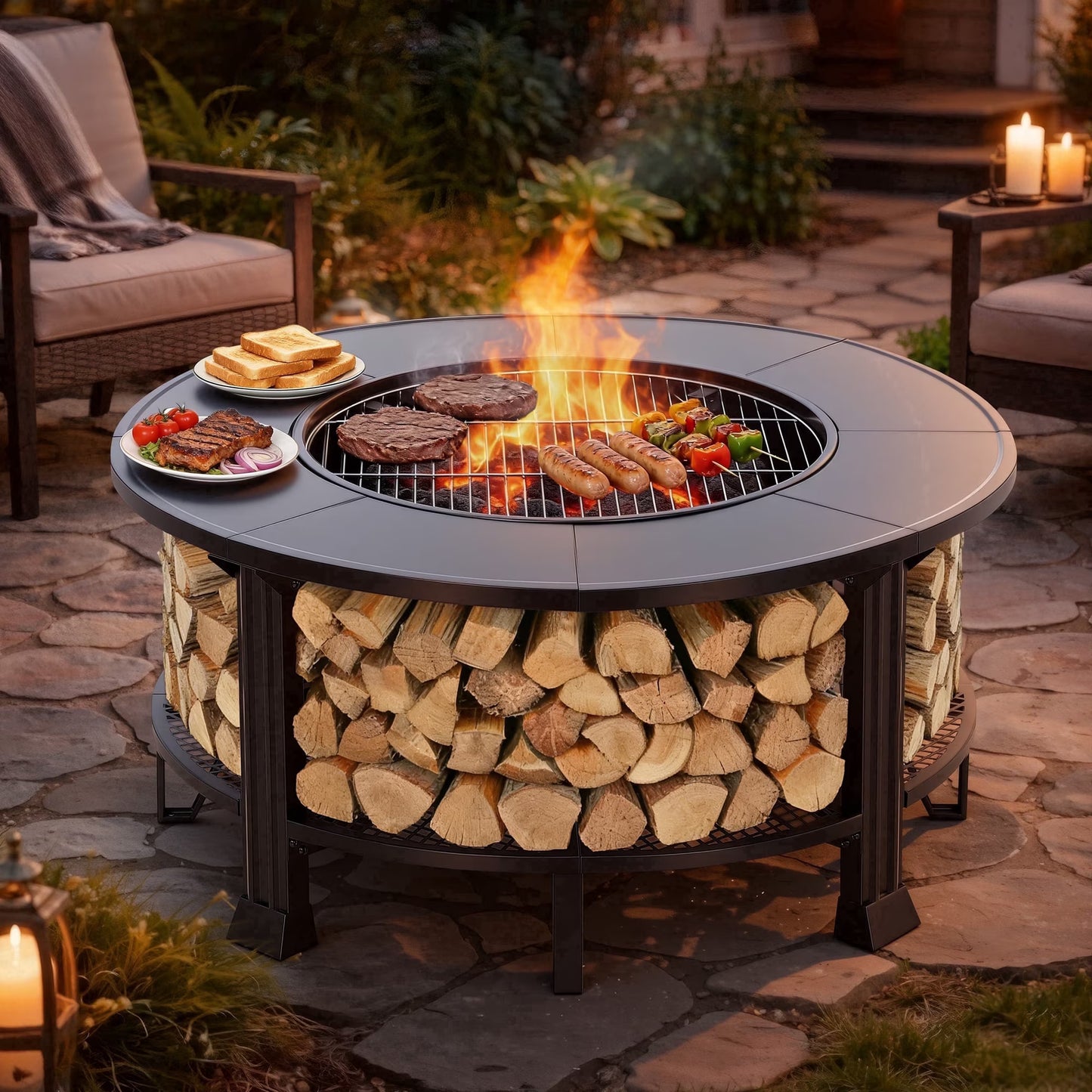 37" Fire Pits for Outside, SEGMART Outdoor Fire Pit, Round Wood Burning Fire Pit with Grill, Lid, Fire Pit Table for Patio BBQ, Backyard Fire Pit, Firepit for Outside Patio, Black