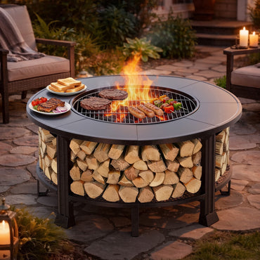 37" Fire Pits for Outside, SEGMART Outdoor Fire Pit, Round Wood Burning Fire Pit with Grill, Lid, Fire Pit Table for Patio BBQ, Backyard Fire Pit, Firepit for Outside Patio, Black
