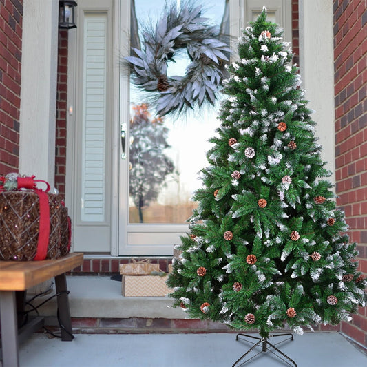Flocked Christmas Tree with 52 Pine Cones, SEGMART 6ft Xmas Pine Tree with 920 Tips, Snow, Solid Metal Legs, Easy Assembly, Perfect for Indoor and Outdoor Holiday Decoration, Green, SS099