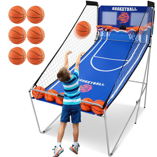 Foldable Electronic Basketball Arcade Game for Kids Adults, SEGMART Indoor Outdoor Dual Shot Electronic Basketball Hoop Arcade Game with 6 Balls, 8 Modes, LED Scorer, Air Pump, Battery Powered, Blue