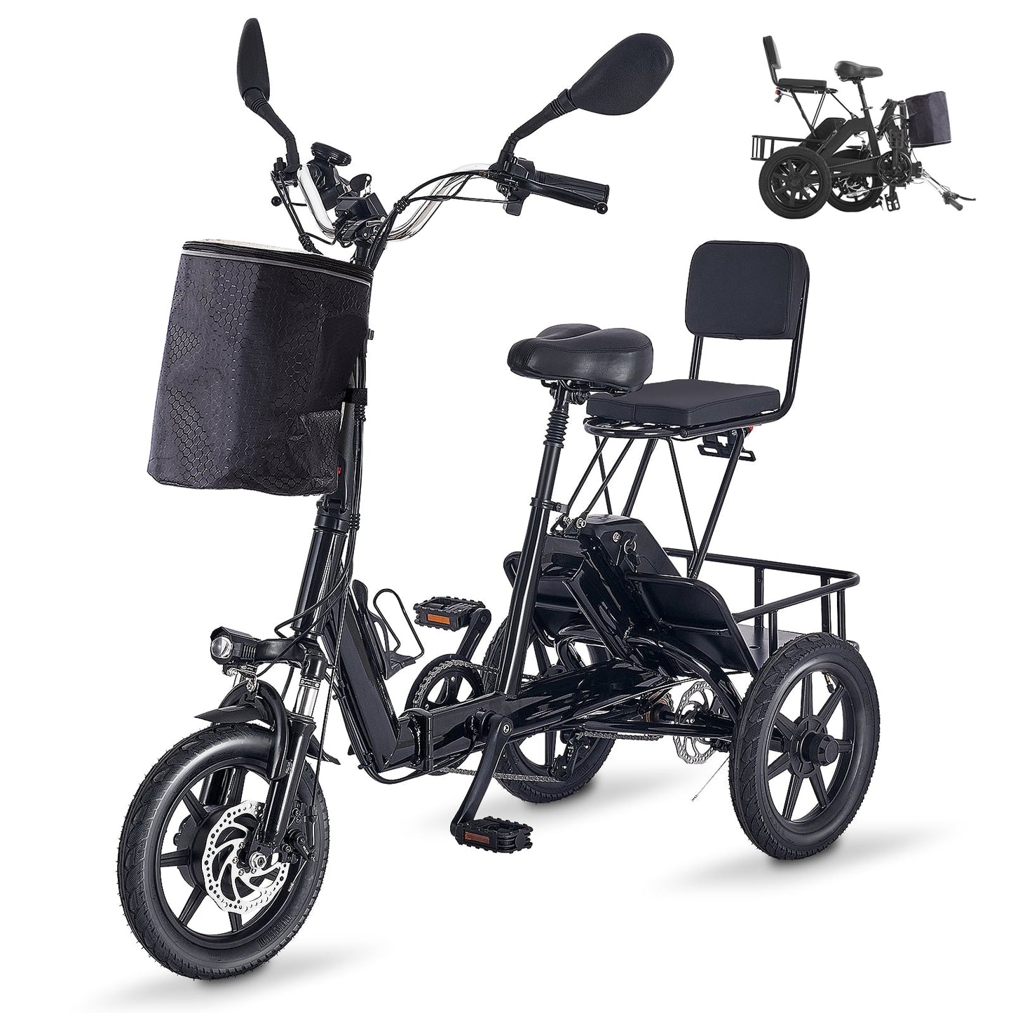 Foldable Electric Tricycle for Adults, 350W Motor, 35-Mile Range, 480Wh Removable Battery, 2 Seats, Large Basket, Dual Disc Brakes - Ideal for Seniors & Women,Yellow