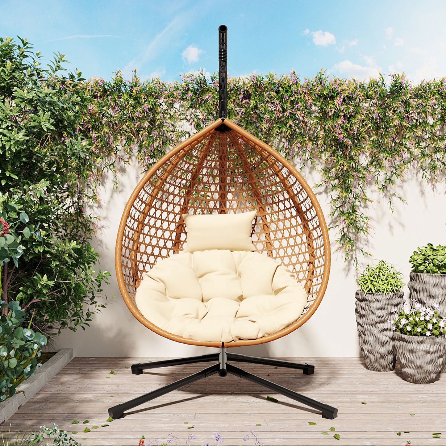 Foldable Hammock Chair with Stand, Hanging Egg Chair for Indoor & Outdoor - PE Rattan Weaving, Removable Cushion, 330 lbs Capacity, for Balcony, Garden, Bedroom, Patio