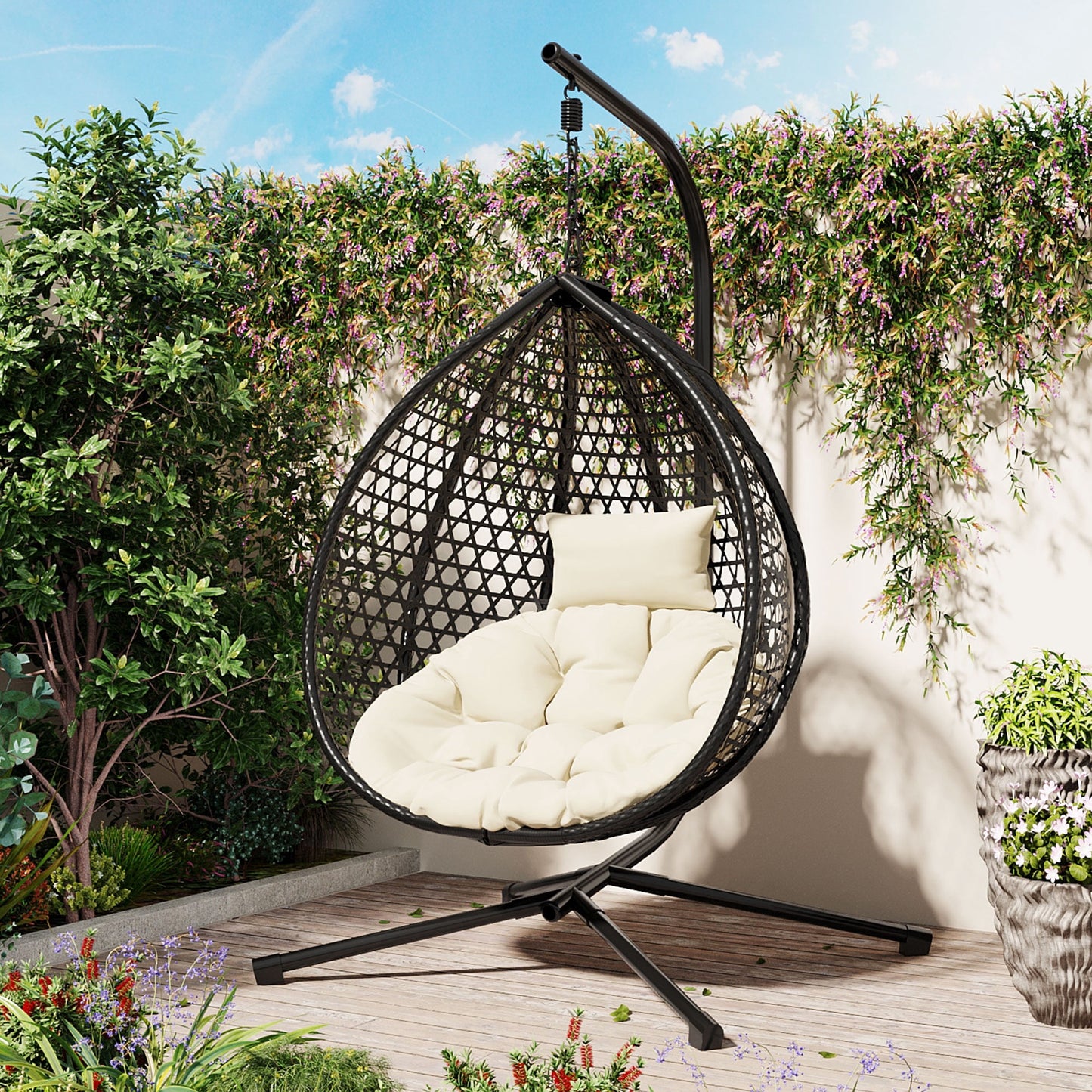 Foldable Hammock Chair with Stand, Hanging Egg Chair for Indoor & Outdoor - PE Rattan Weaving, Removable Cushion, 330 lbs Capacity, for Balcony, Garden, Bedroom, Patio