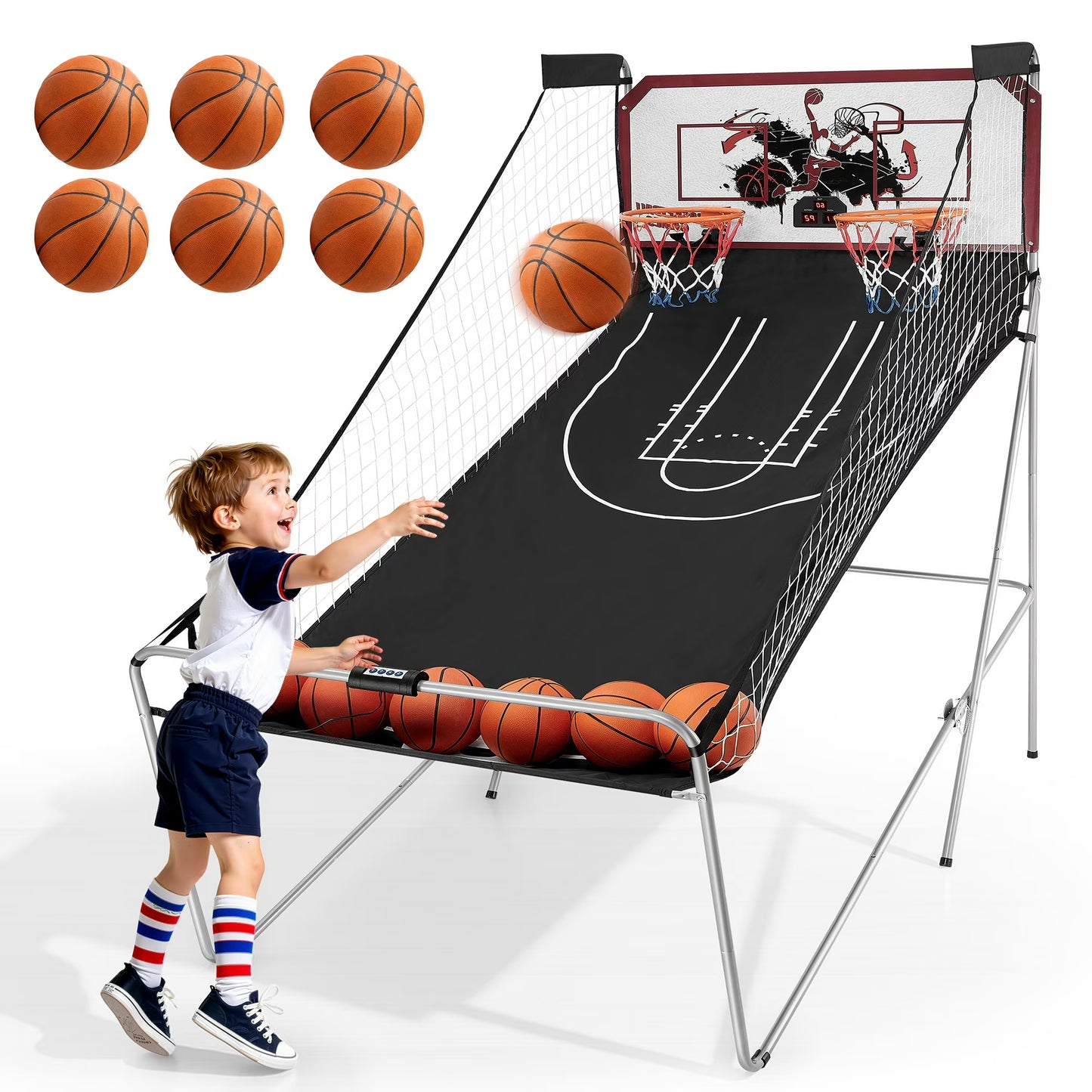 Foldable Basketball Arcade Game, 81" Electronic Dual Shot Basketball Games, Indoor Outdoor Basketball Game Machine with 8 Game Options, 6 Balls, LED Scorer, Steel Frame, Inflation Pump for Home