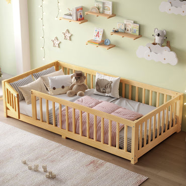 Floor Bed with Safety Rails & Fun Door, Low Profile Bed, Gray Solid Pine Wood, Easy Assembly,Twin Size