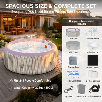 Segmart 2-4 Person Inflatable Hot Tub, 110 Jets Outdoor Spa for Backyard & Patio, Heats to 104°F, Built-in  Pump, Includes Cover, Ground Mat & 2 Cup Holders