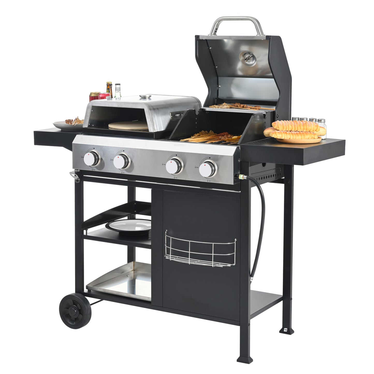 Segmart 2+2 Propane Gas Grill, 49,200 BTUs Multi-function Outdoor Stainless Steel BBQ Grill and Griddle Combo, 466 SQIN Cooking Area, 2 Big Wheels, for BBQ, FRYING, PIZZA, Black