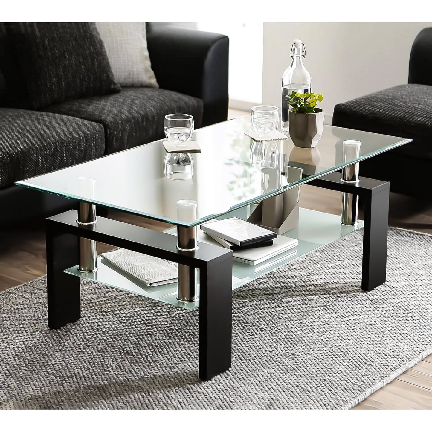 Glass Coffee Table with Lower Shelf, Clear Rectangle Glass Coffee Table, Modern Coffee Table with Metal Legs, Rectangle Center Table Sofa Table Home Furniture for Living Room, L5509