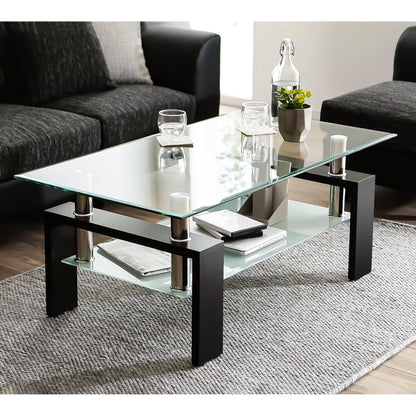Glass Coffee Table for Living Room, SEGMART Modern Coffee Table with Lower Shelf, Rectangle Center Table with Metal Legs, Glass Table, Sofa Table, Tea Table, Living Room Table