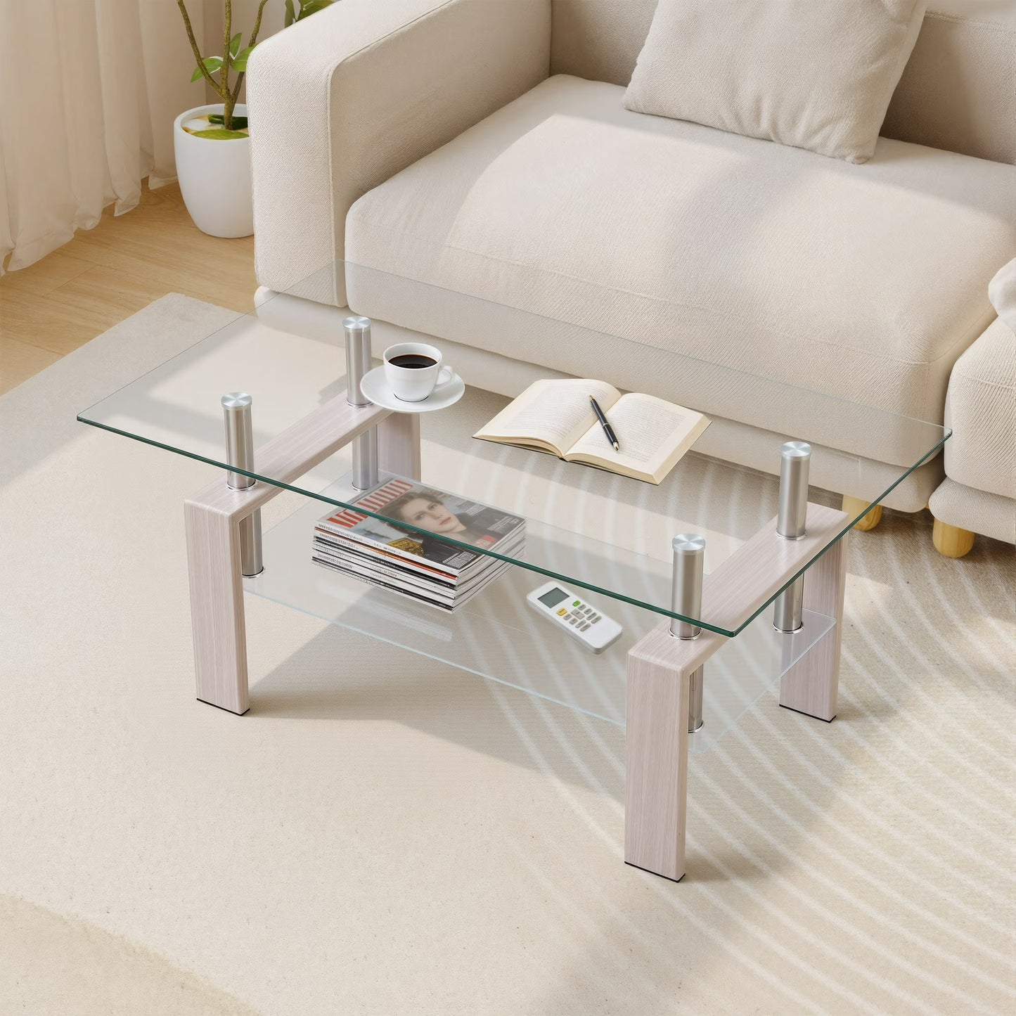 Glass Coffee Table with Lower Shelf, SEGMART Clear Rectangle Glass Coffee Table, Modern Coffee Table with Metal Legs, Rectangle Center Table Sofa Table Home Furniture for Living Room