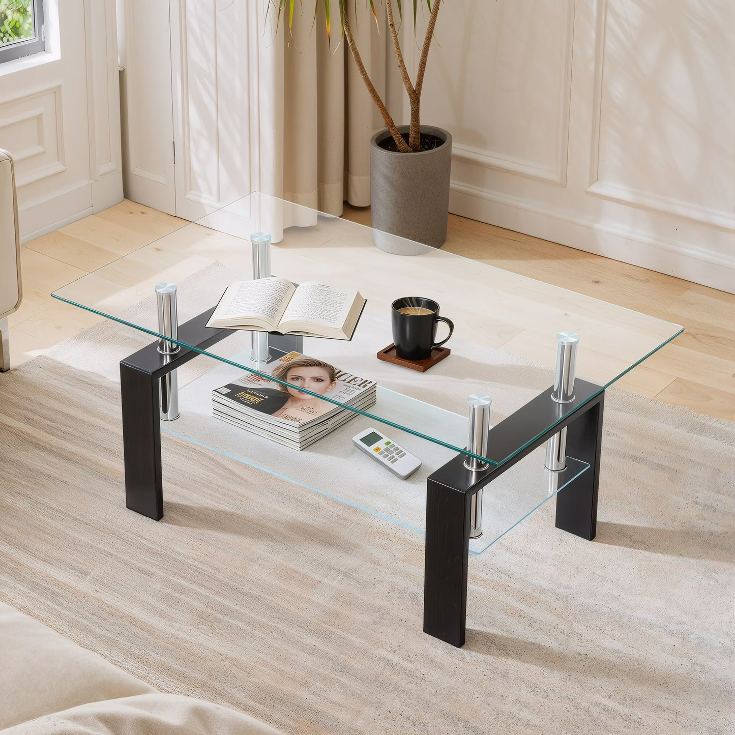 Glass Coffee Table with Lower Shelf, SEGMART Clear Rectangle Glass Coffee Table, Modern Coffee Table with Metal Legs, Rectangle Center Table Sofa Table Home Furniture for Living Room