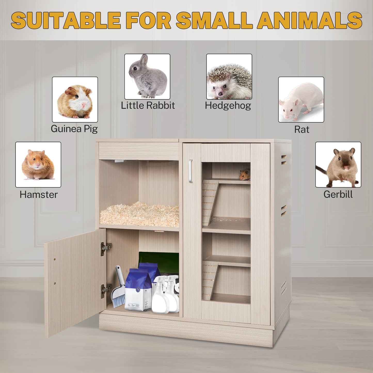 Segmart Large Wood Hamster Cage, Deluxe 4-Tier Wooden Storage Cabinet Small Animal Cage for Large Size Rat Gerbil Guinea Pig Hamster, Openable Top, Front Door, Storage Shelf, Beige