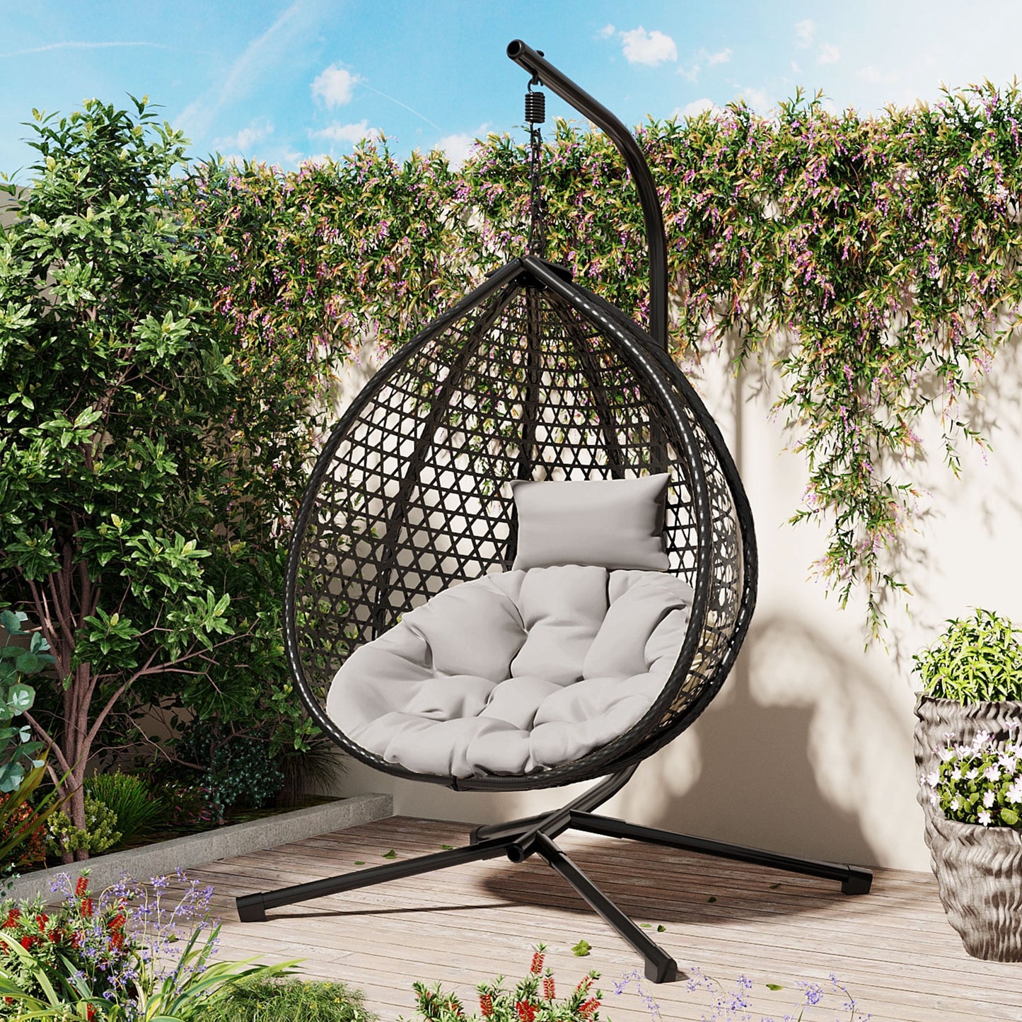 Foldable Hammock Chair with Stand, Hanging Egg Chair for Indoor & Outdoor - PE Rattan Weaving, Removable Cushion, 330 lbs Capacity, for Balcony, Garden, Bedroom, Patio