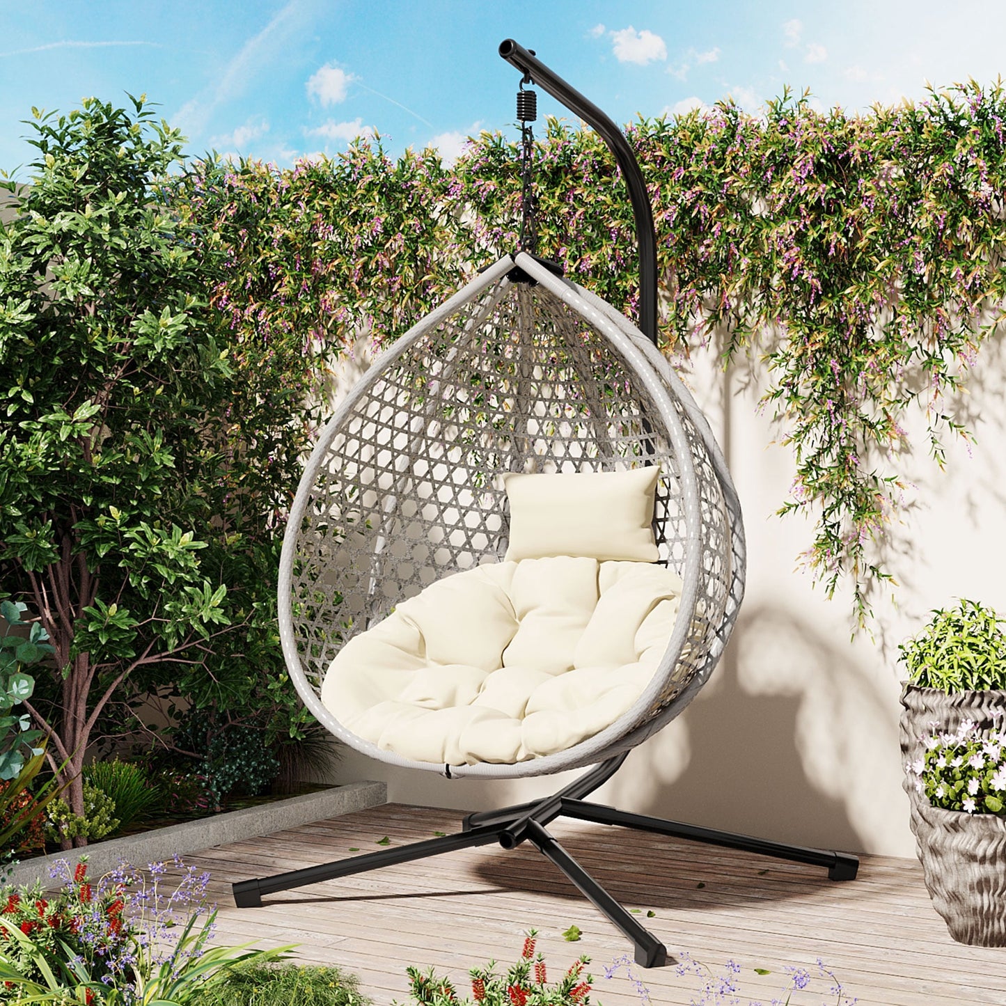 Foldable Hammock Chair with Stand, Hanging Egg Chair for Indoor & Outdoor - PE Rattan Weaving, Removable Cushion, 330 lbs Capacity, for Balcony, Garden, Bedroom, Patio