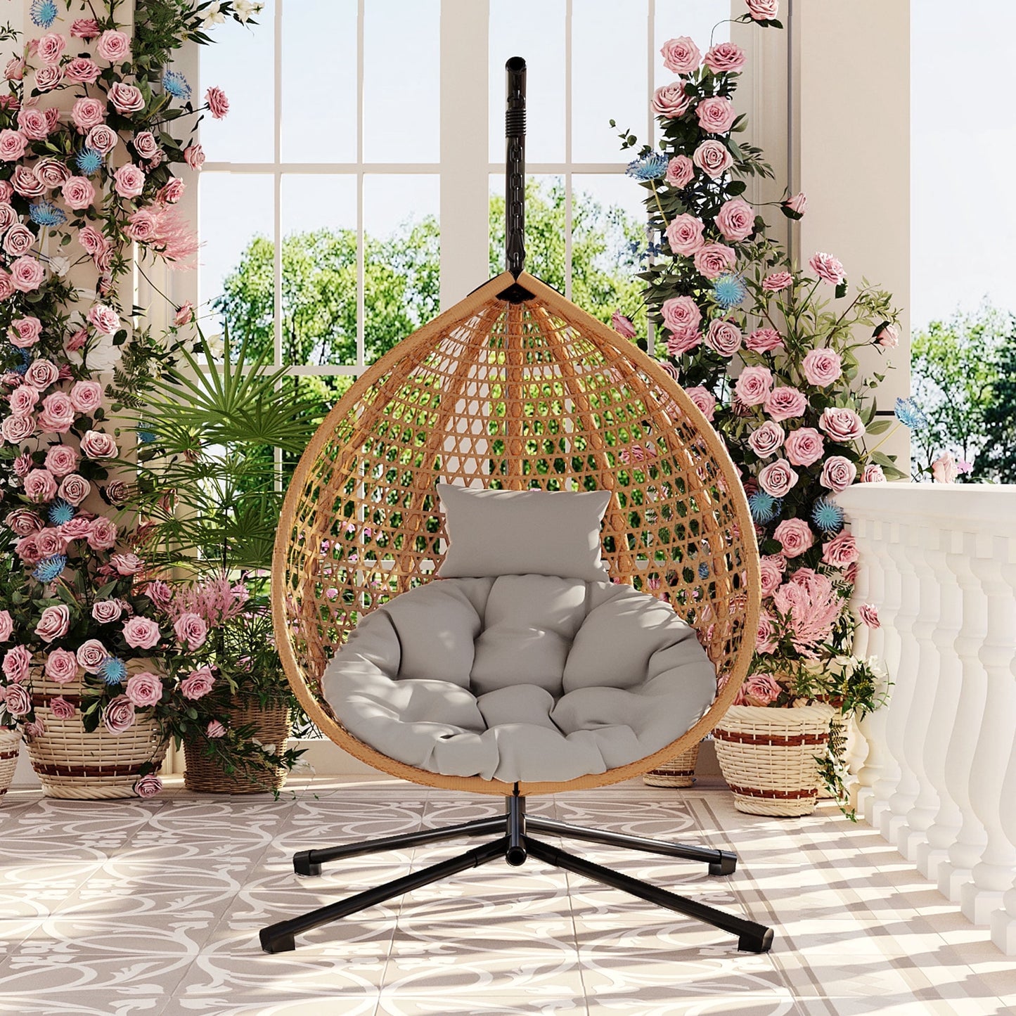 Foldable Hammock Chair with Stand, Hanging Egg Chair for Indoor & Outdoor - PE Rattan Weaving, Removable Cushion, 330 lbs Capacity, for Balcony, Garden, Bedroom, Patio