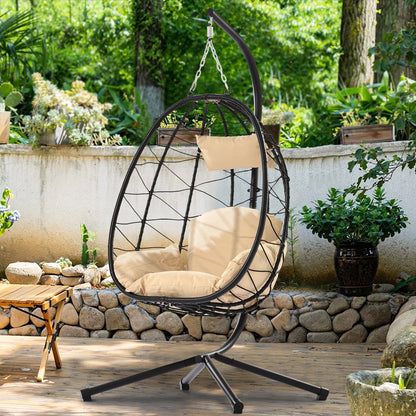 Outdoor Swinging Egg Chair, Patio Wicker Hanging Chairs with Stand, UV Resistant Hammock Chair with Comfortable Light Blue Cushion, Durable Indoor Swing Egg Chair for Garden, Backyard, L3937