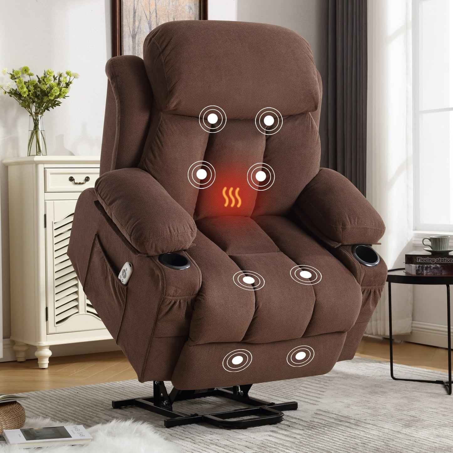 Home Recliner Chair with Remote Control for Living Room, Single Velvet Ergonomic Recliner Chair with Cup Holders, for Home Theater Seating Living Room Lounge Chaise, Brown