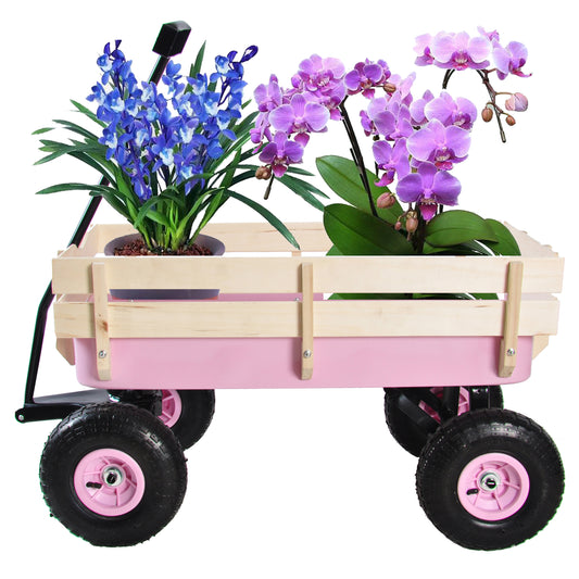 Segmart Wagon Cart for Kids, All Terrain Wagon with 200LBS Capacity, Outdoor Pull-Along Wagons with Removable Wooden Side Panels, Heavy Duty Utility Wagon with Rubber Wheels, Pink