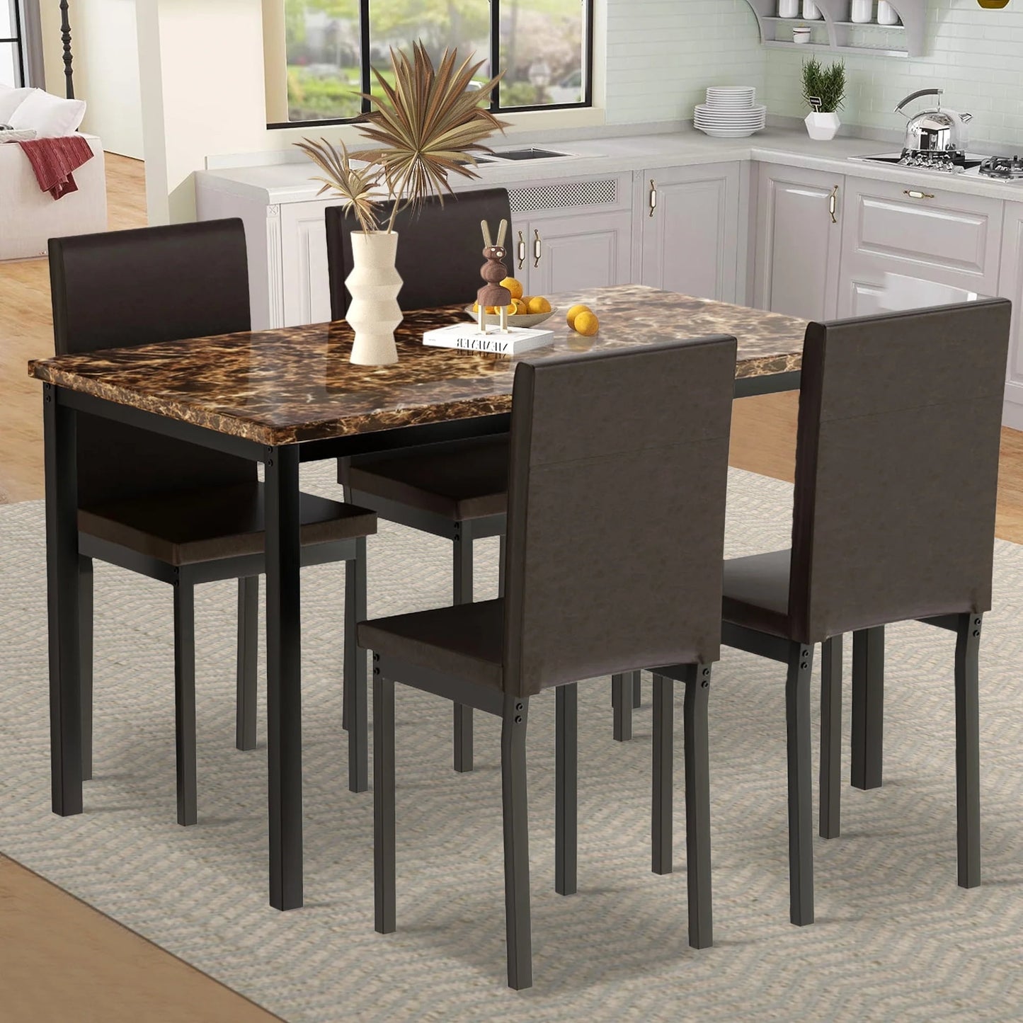 Kitchen Dining Table Set, Metal Kitchen Table Sets with 4 Chairs, Faux Marble Rectangular Breakfast Table w/Metal Legs & Black Finish Frame, Dining Table Sets for an Apartment Breakfast, S12528
