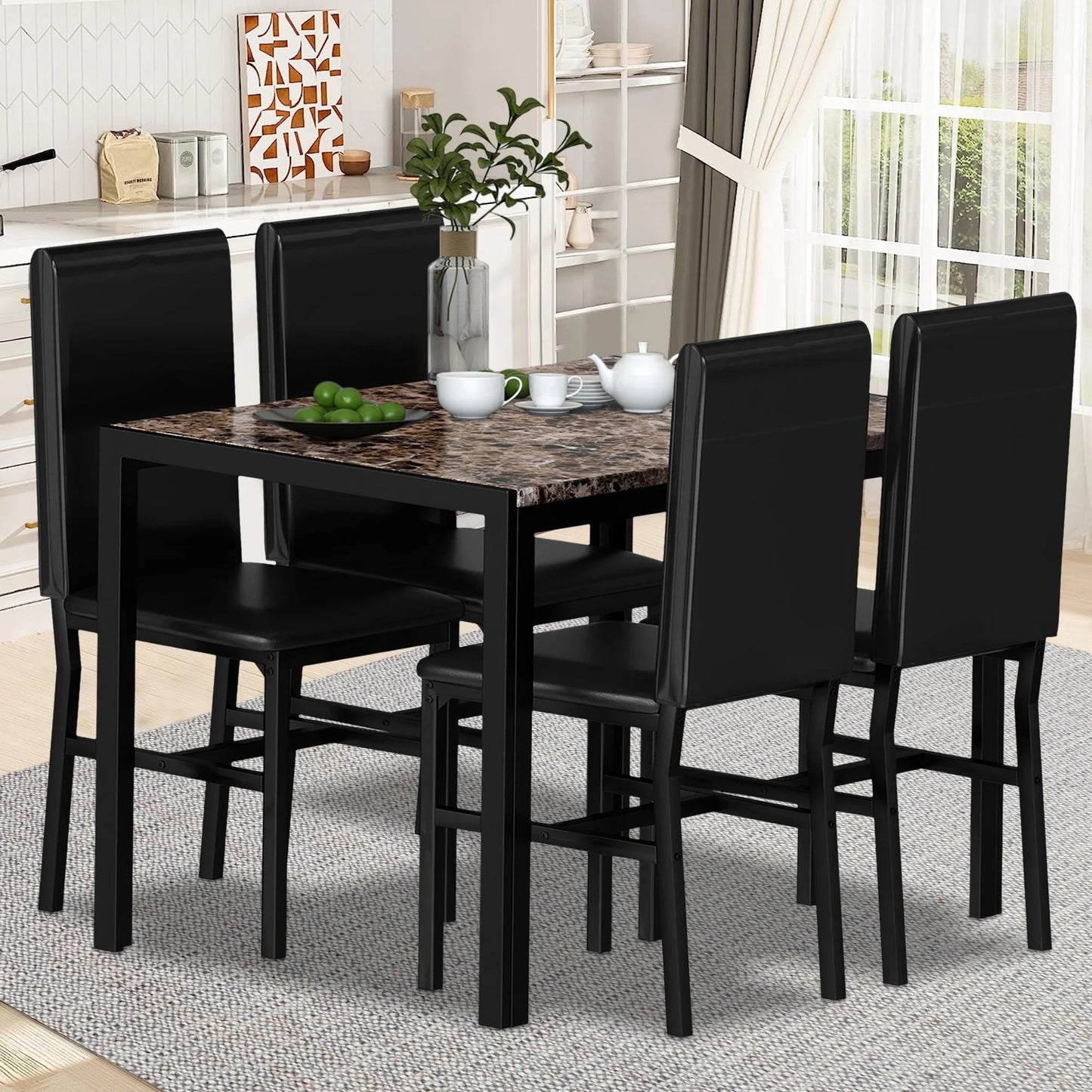Kitchen Dining Table Set, Metal Kitchen Table Sets with 4 Chairs, Faux Marble Rectangular Breakfast Table w/Metal Legs & Black Finish Frame, Dining Table Sets for an Apartment Breakfast, S12528