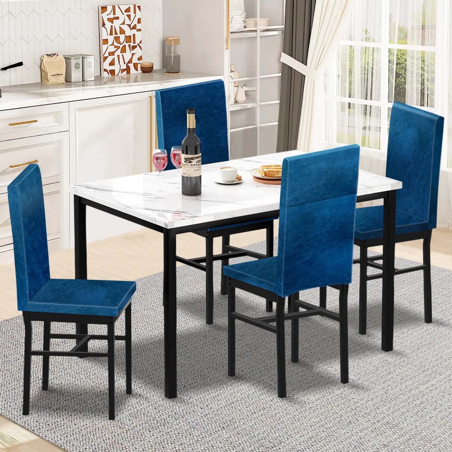 Kitchen Table and 4 Chairs Set, Metal Kitchen Table Sets Faux Marble Rectangular Breakfast Table w/Metal Legs & Black Finish Frame, Dining Table Sets for an Apartment Breakfast, SS1308