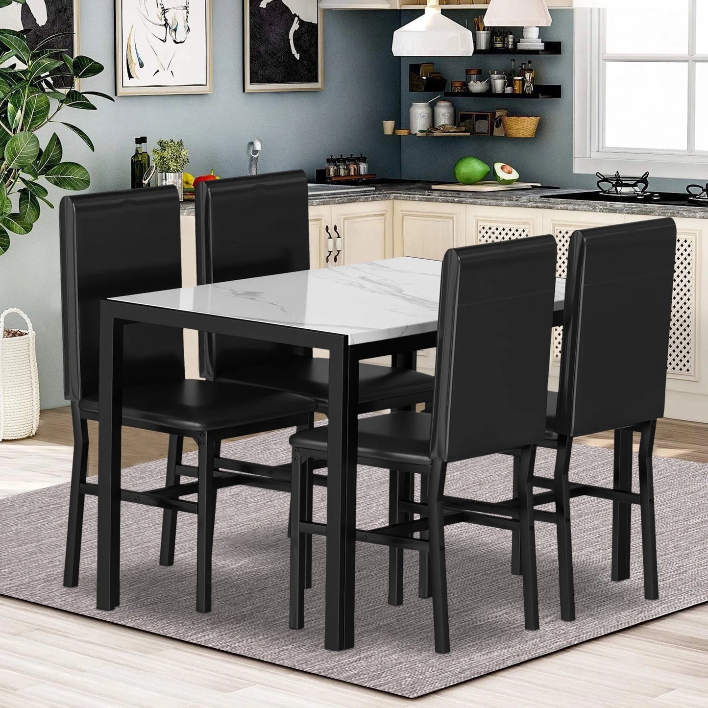 Kitchen Dining Table Set, Metal Kitchen Table Sets with 4 Chairs, Faux Marble Rectangular Breakfast Table w/Metal Legs & Black Finish Frame, Dining Table Sets for an Apartment Breakfast, S12528
