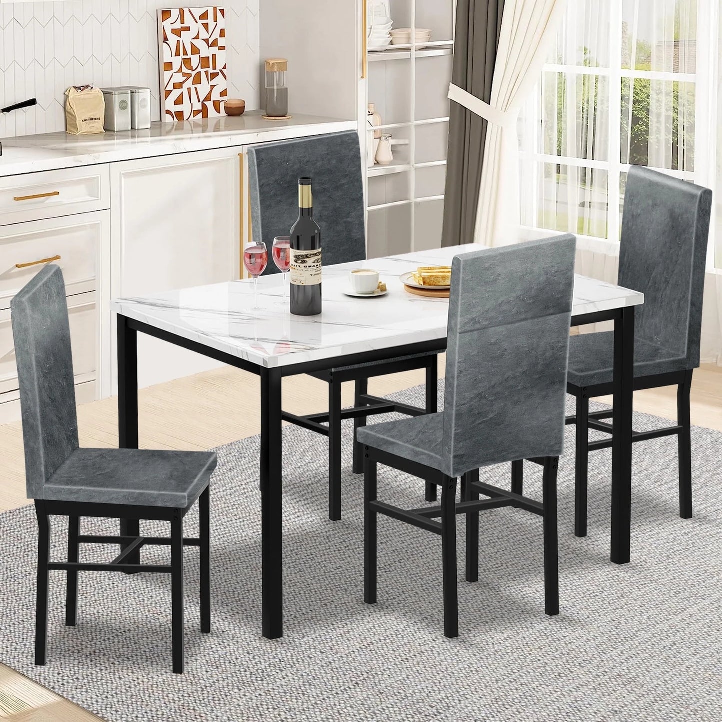 Kitchen Dining Table Set, Metal Kitchen Table Sets with 4 Chairs, Faux Marble Rectangular Breakfast Table w/Metal Legs & Black Finish Frame, Dining Table Sets for an Apartment Breakfast, S12528