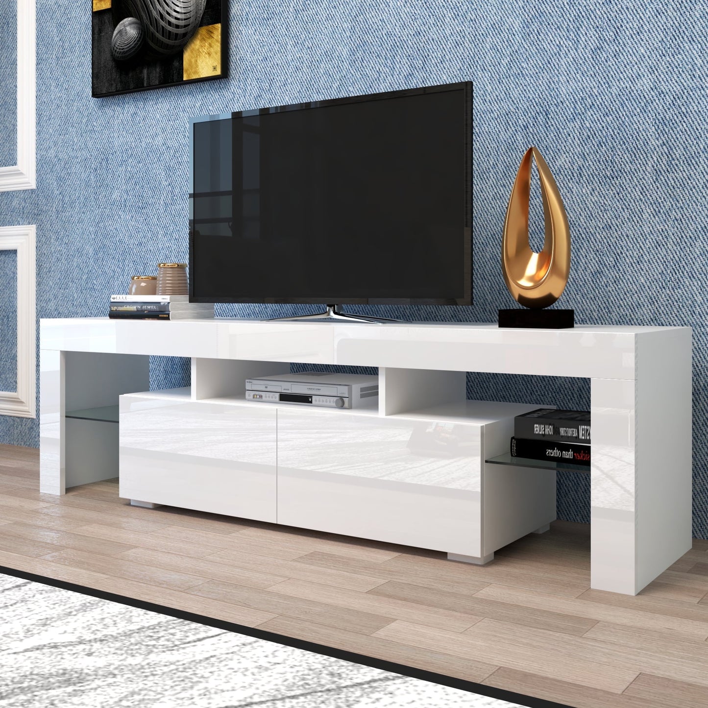 LED TV Stand for 70-inch TVs, Segmart High Gloss Entertainment Center Home Furniture with Storage Drawer and Shelves, Media Console Table Television Stands Cabinet Desk, White, S9782