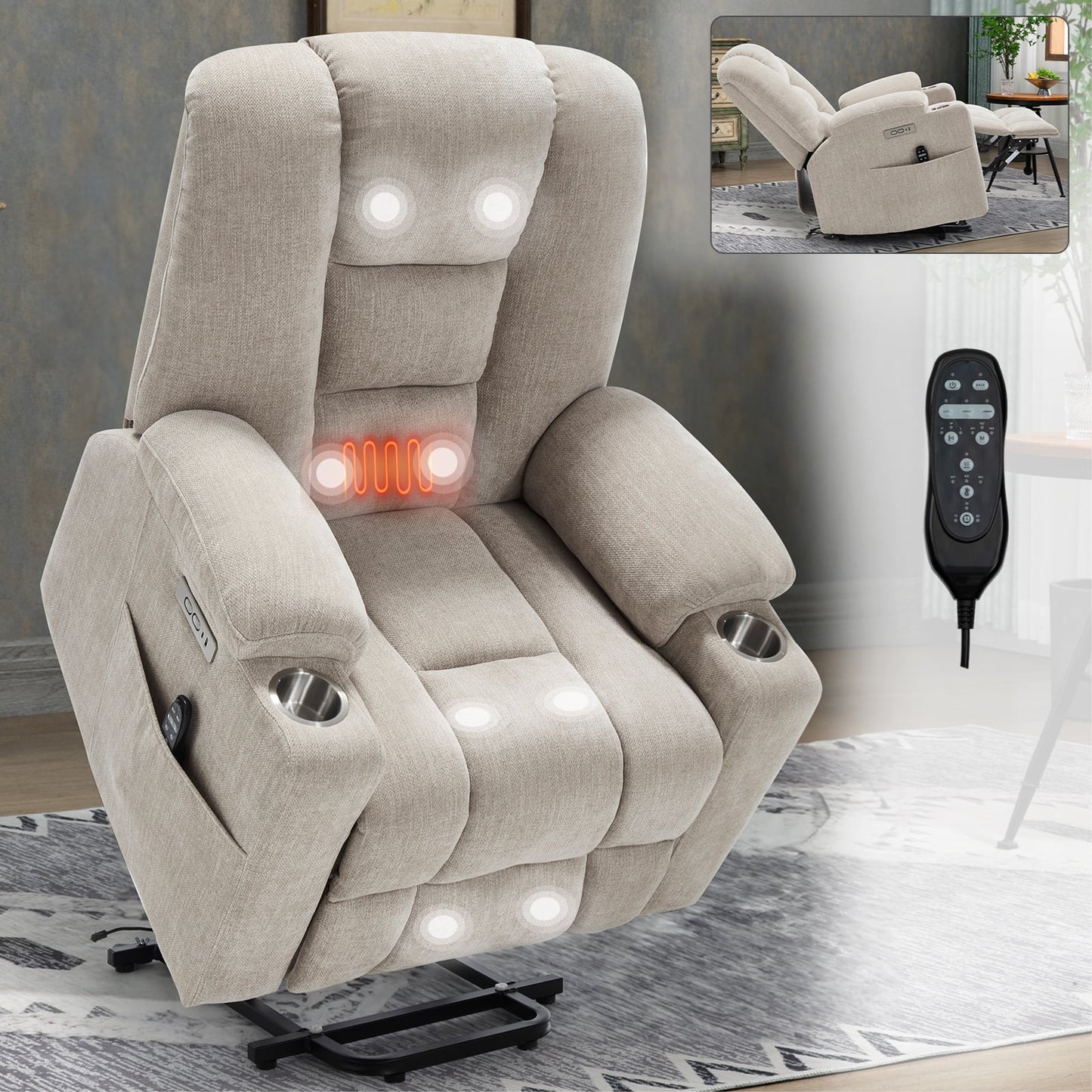 Power Lift Recliner Chair with Massage and Heat for Elderly, Segmart Overstuffed Wide Recliners, Heavy Duty Motion Mechanism with USB and Type C Ports, 2 Steel Cup Holders, Beige
