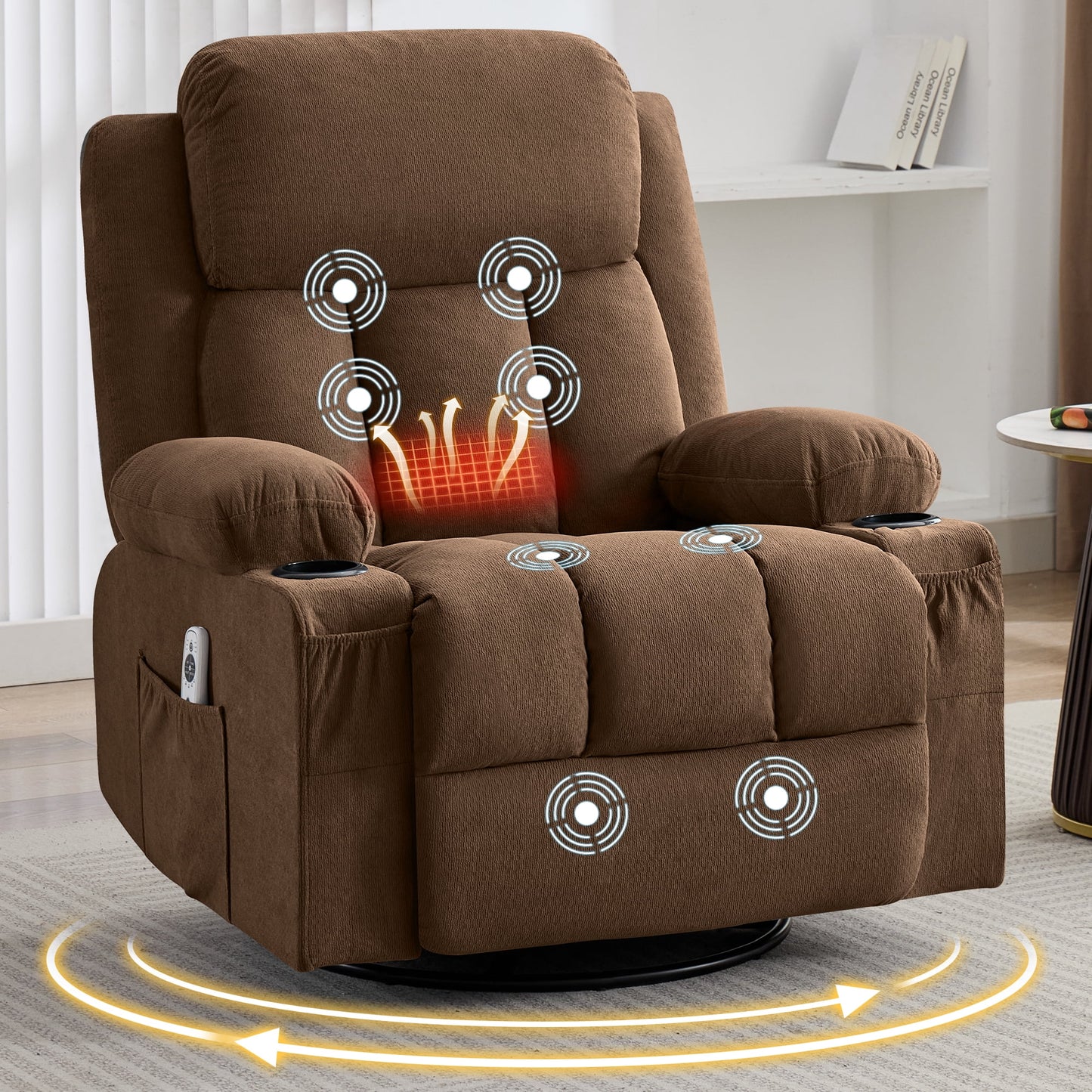 Segmart Oversized Swivel Recliner Chair with Vibration Massage & Lumbar Heating, 360-Degree Rocker Recliner Single Sofa with Side Pocket and USB Charge Port for Living Room, 350lbs,Gray
